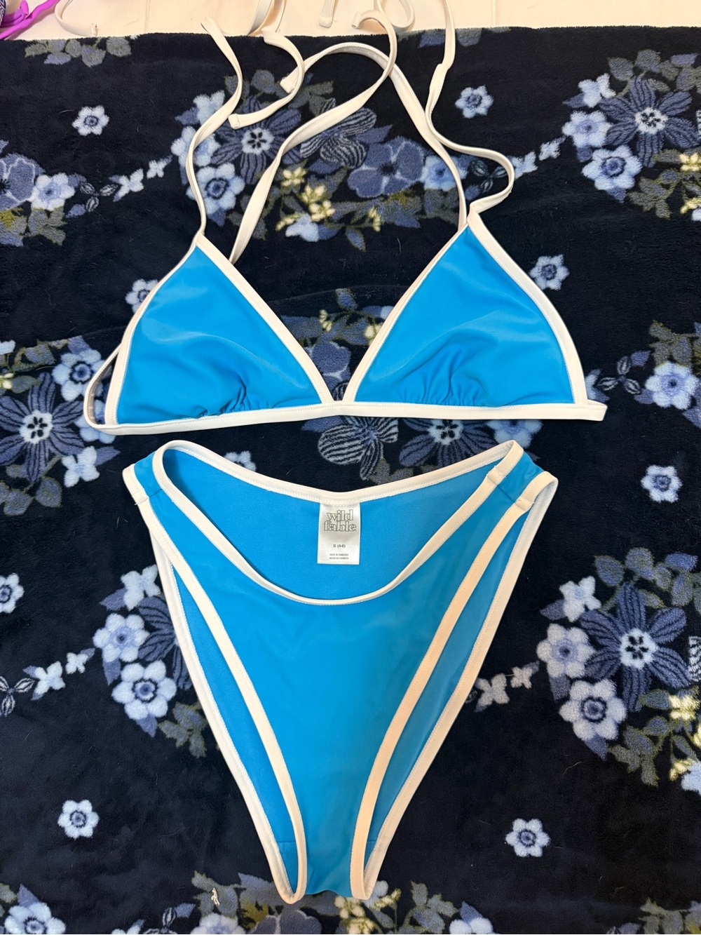 Bright Blue Triangle Bikini with white Trim